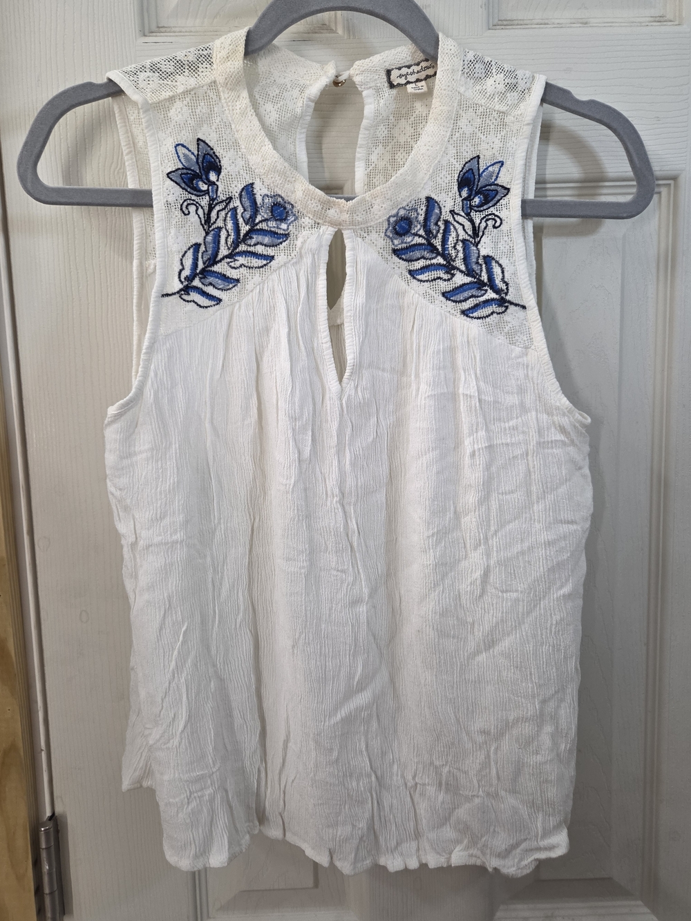 Embroidered Eyeshadow White Sleeveless Camisole with Blue Floral Yoke #0191